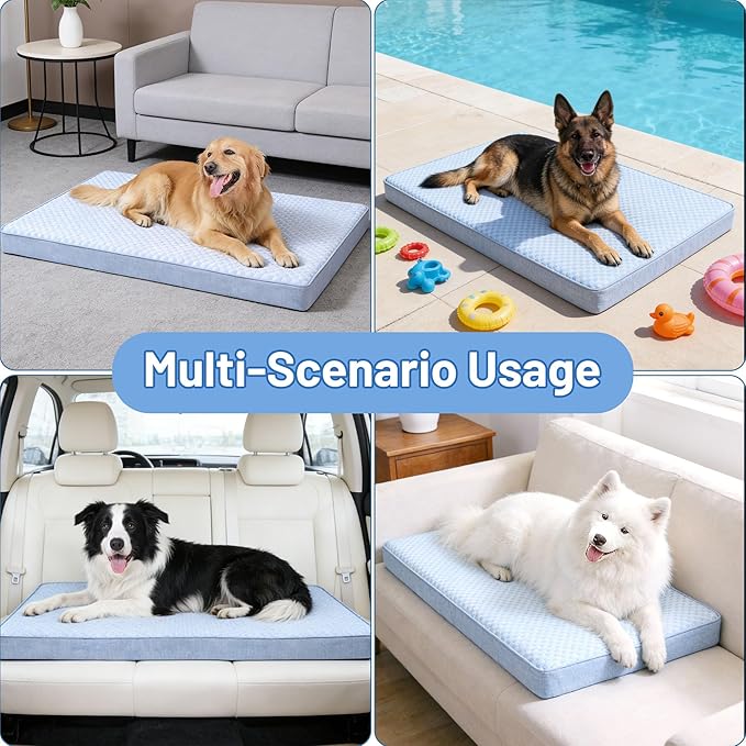 Cooling Dog Beds for Dogs, Orthopedic Memory Foam Dog Bed，Washable Pet Beds for Crate with Faux Fur Cover, Waterproof Lining (Blue, XX-Large: 50" x 34" x 5")