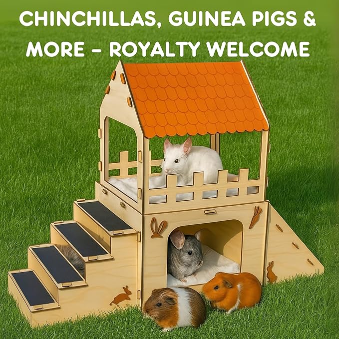 OtterPets Extra Large Bunny Hideout, Cozy Rabbit Castle with Fleece Mats, Wooden Rabbit Hideout, Bunny House Indoor Indoor, Chinchilla, Guinea Pig House