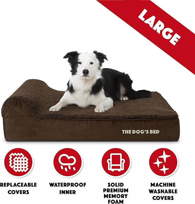 The Dog’s Bed Orthopedic Memory Foam Dog Bed with Headrest, Calming Surface – CertiPUR-Certified Foam, Plush Fabric, Brown Plush, Large, 6-Inch