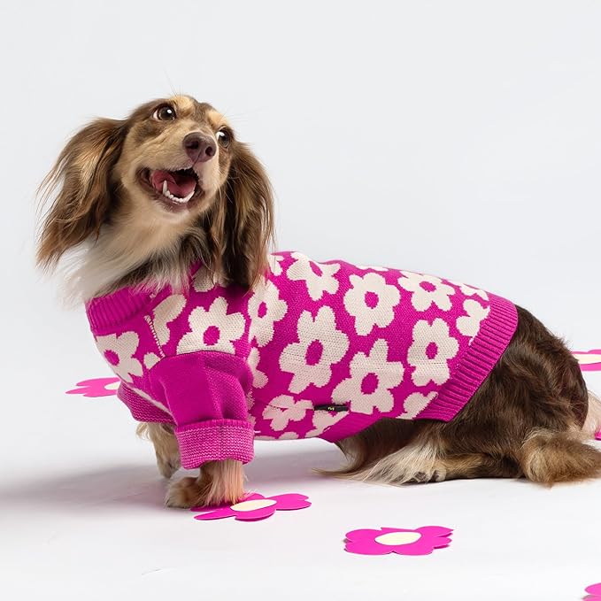 Fitwarm Floral Dog Sweater, Thermal Dog Sweatshirt, Dog Winter Clothes for Small Dogs Girl, Doggy Pullover Jumper, Pet Outfit, Hot Pink, White, Medium