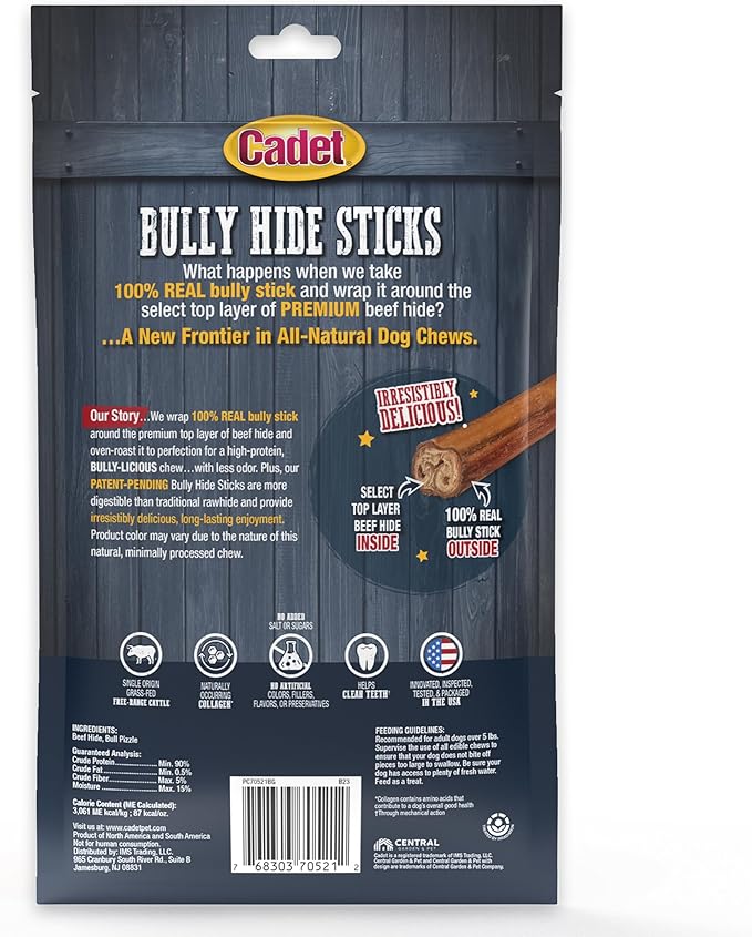 Cadet Bully Hide Sticks for Small Dogs, All-Natural Beef Pizzle, Limited-Ingredient Long-Lasting Dog Chews for Aggressive Chewers, 4 Count