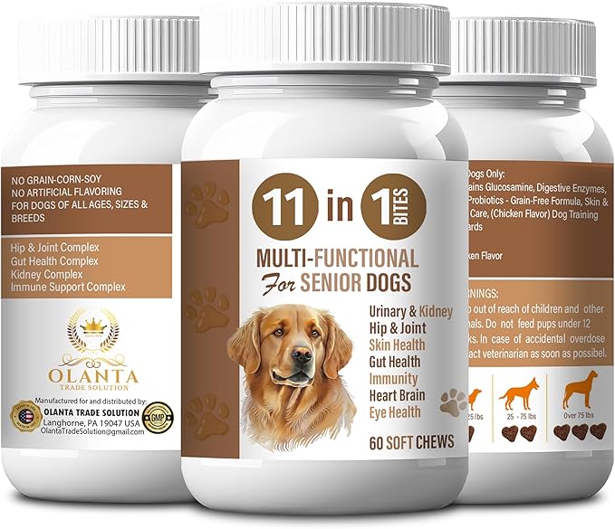 11-in-1 Dog Soft Chews – Glucosamine, Digestive Enzymes & Probiotics – Joint, Skin & Gut Support 1 Bottle 60 Soft Chews