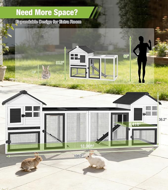 GUTINNEEN Rabbit Hutch Outdoor Rabbit Cage Indoor 51.6" L Waterproof Bunny Cage with Chew-Proof Ramp and Lockable Doors for Indoor Outdoor Use Black and White