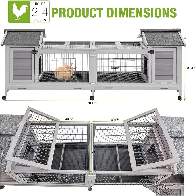 GUTINNEEN Rabbit Hutch Outdoor with Run, Bunny Cage on Wheels, 10.4 ft² Guinea Pig House, No-Leak Pull-Out Trays