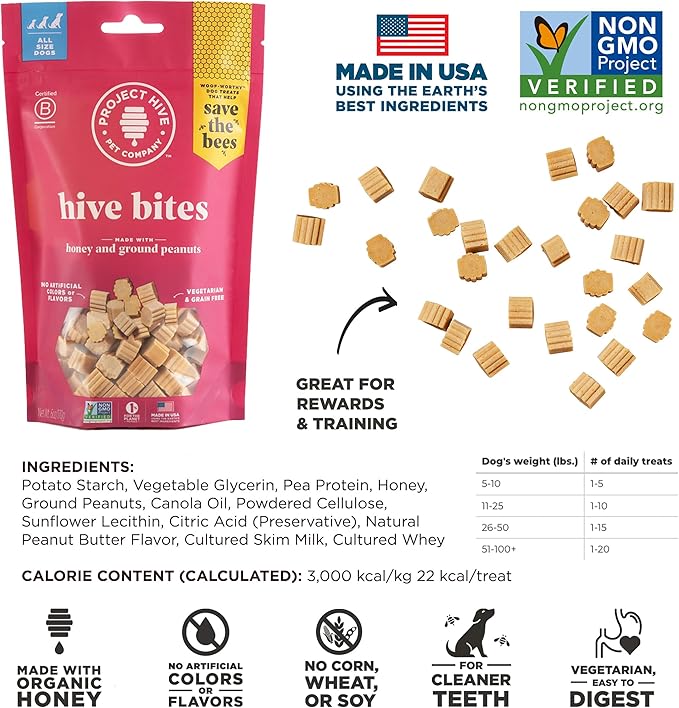 Hive Bites Training Treats for Dogs – Peanut Flavor – Small Reward Treats Dogs, Vegetarian, No Grain or Soy - 2 Pack, 6 oz Each