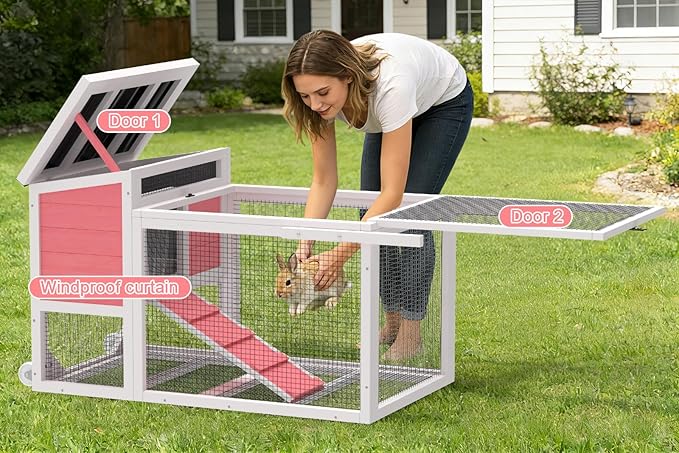 TIMHAKA 2-Story Rabbit Hutch, Insulated Bunny Hutch w/Chew-Proof Ramp & Wheels, Indoor/Outdoor Bunny Cage w/Leak-Proof Trays and Openable Waterproof Roof for Guinea Pig, Pink