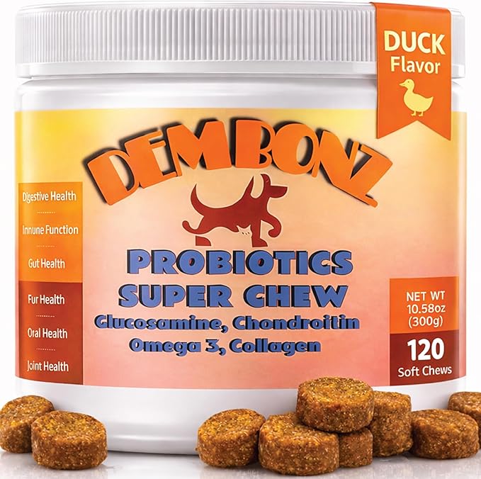 Probiotics for Dogs, Hip Joint Supplement for Dogs – Hip and Joint Plus Gut Health Chews, Glucosamine, Chondroitin, Omega 3, Collagen & Probiotics, Supports Digestion Joints and Hips, Immunity, Fur