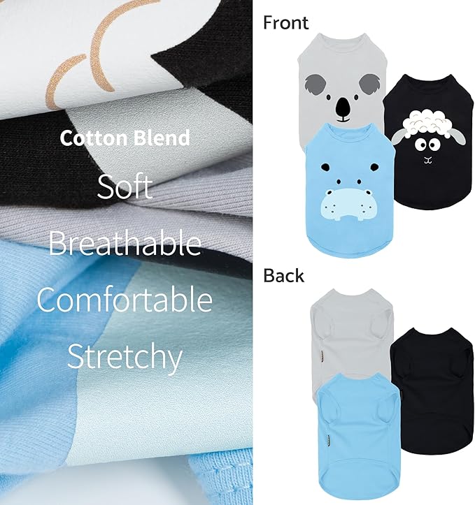 Fitwarm 3 Pack Hippo Sheep Koala Dog Shirt, Summer Clothes for Small Dogs Boy Girls, Funny Pet Outfit, Black, White, Gray, Blue, Large