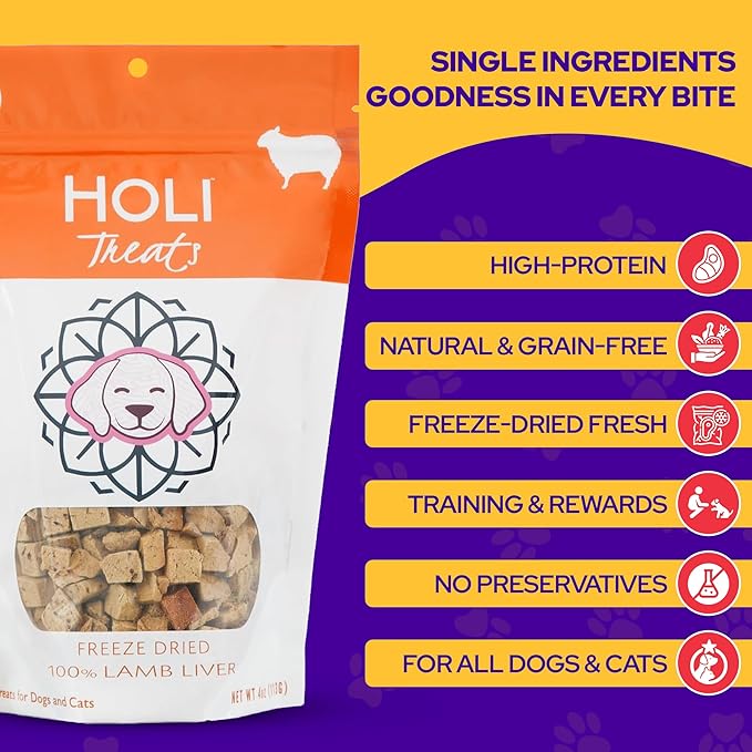 HOLI Freeze Dried Lamb Liver Dog Treats – Single Ingredient Freeze-Dried Dog Treats – Dried Lamb Liver Dog Treats Made in USA – Healthy Liver Treats for Dogs & Diabetic Dog Treat-Friendly - 2oz