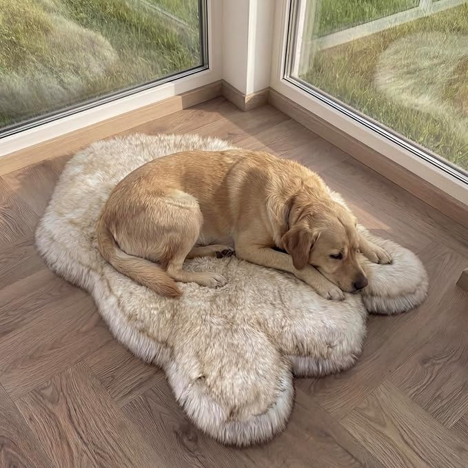 IHAPPYDOG Luxury Faux Fur Orthopedic Dog Bed, Memory Foam Dog Bed for Small, Medium, Large and XL Pets, Fluffy Pet Bed with Waterproof and Washable Cover (White w/Brown Tips, 50"x30")