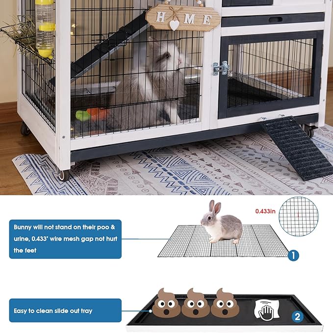 FunXplore 2-Tier Rabbit Hutch, Indoor & Outdoor Mobile Bunny Cage with Urine Guards, Weatherproof Asphalt Roof, 2 Pull Out Trays, Sturdy Small Animal Cage for Guinea Pig