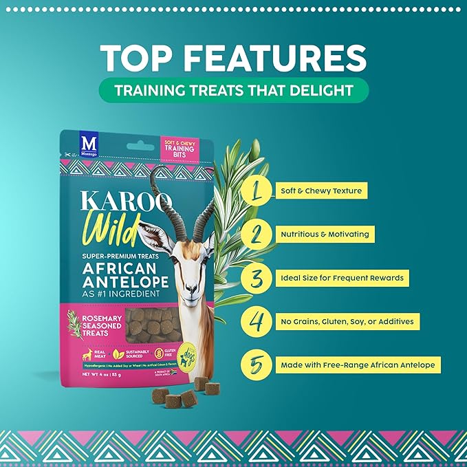 Karoo Wild Training Bits Rosemary Seasoned Treats for Dogs – 4 oz – Soft & Chewy Protein Bits Made with African Antelope – Great for On-The-Go Rewards & Positive Reinforcement