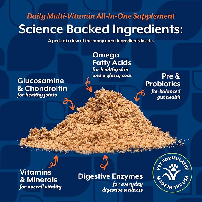 NaturVet All-in-One Dog Supplement - for Joint Support, Digestion, Skin, Coat Care – Dog Multivitamins with Minerals, Omega-3, 6, 9 – Wheat-Free Vitamins for Dogs – 13-Ounce Powder