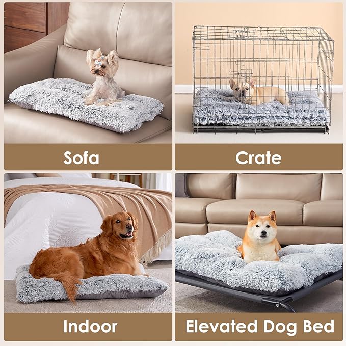 EHEYCIGA Fluffy Dog Crate Bed for Extra Large Dogs, Plush Faux Fur XLP Pad, Calming Anti Anxiety XL Plus Bed for Crate, Washable Soft Warm Dog Mat with Non-Slip Bottom, Grey