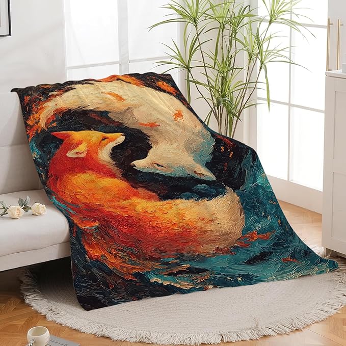Fox Throw Blanket Orange and White Fox Stuff Gifts for Kids Girls Boys Adults Women Men Soft Cozy Warm Plush Fluffy Fuzzy Fleece Blanket Decor 40''X50''