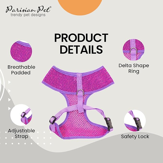 Parisian Pet Girl Dog Harness - Breathable Mesh Purple Pink No Pull Puppy Harness with Leash Ring - Adjustable Harnesses for Dogs - Soft Step-in Pet Vest - Lightweight Dog Vests for Large Dogs
