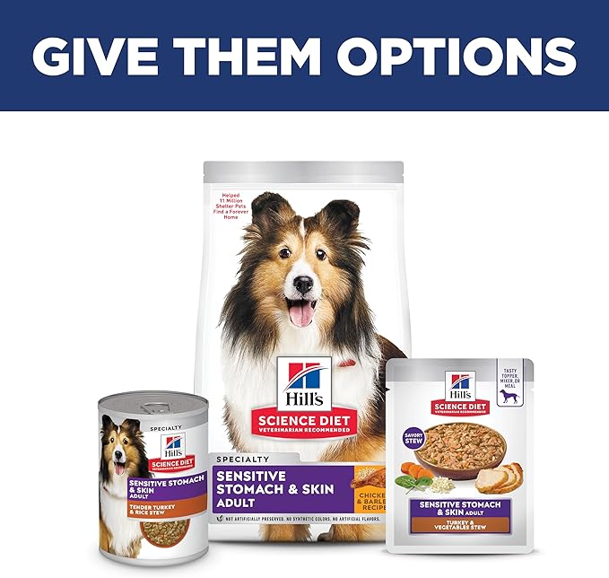 Hill's Science Diet Sensitive Stomach & Skin, Adult 1-6, Stomach & Skin Sensitivity Support, Wet Dog Food, Turkey & Vegetables Stew, 2.8 oz Pouch, Case of 24