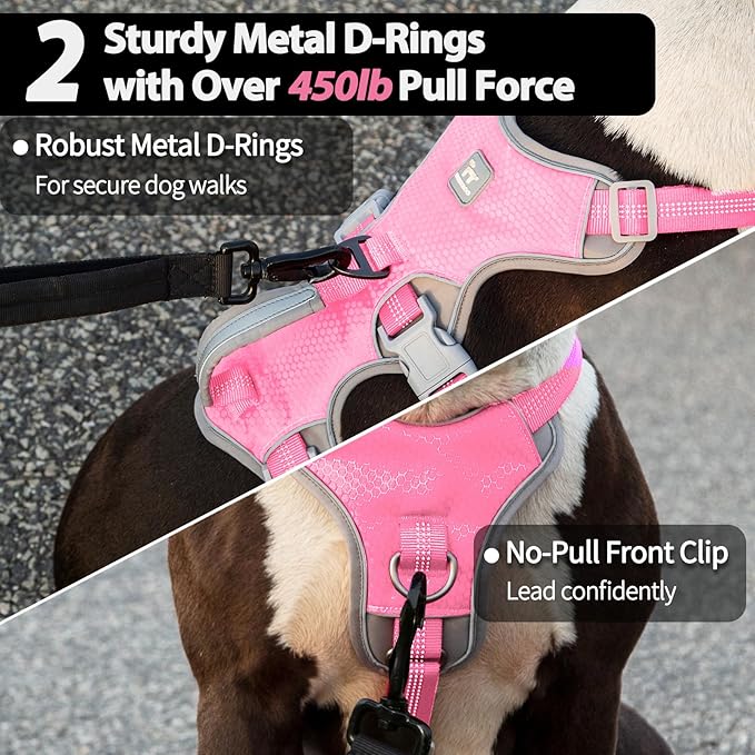 Huntboo Escape Proof Dog Harness, Escape Artist Harness, Reflective Harness with Padded Handle, Breathable, Durable, Adjustable Vest for Medium Dogs Walking, Training, and Running Gear (Pink,S)