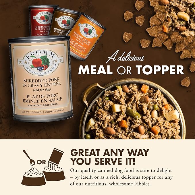 Fromm Four-Star Nutritionals Shredded Pork in Gravy Entrée Dog Food - Premium Wet Dog Food - Pork Recipe - Case of (12) 12 oz Cans