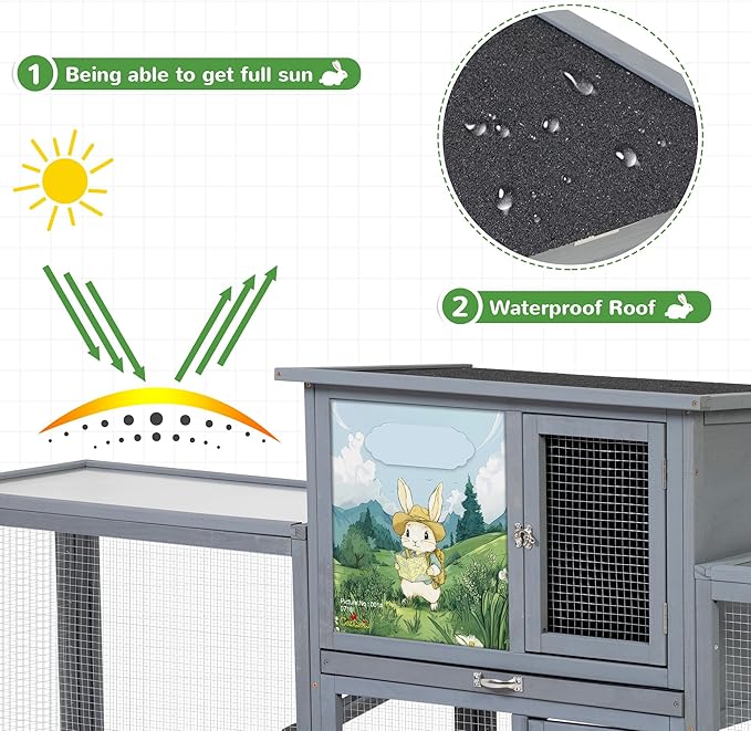 COZIWOW Rabbit Hutch Outdoor, 94.5" Extra Large Bunny Hutch, 2-Story Wooden Rabbit Cage Indoor for 2 or More Bunnies with Pull-Out Tray & Weatherproof Roofs (Grey)