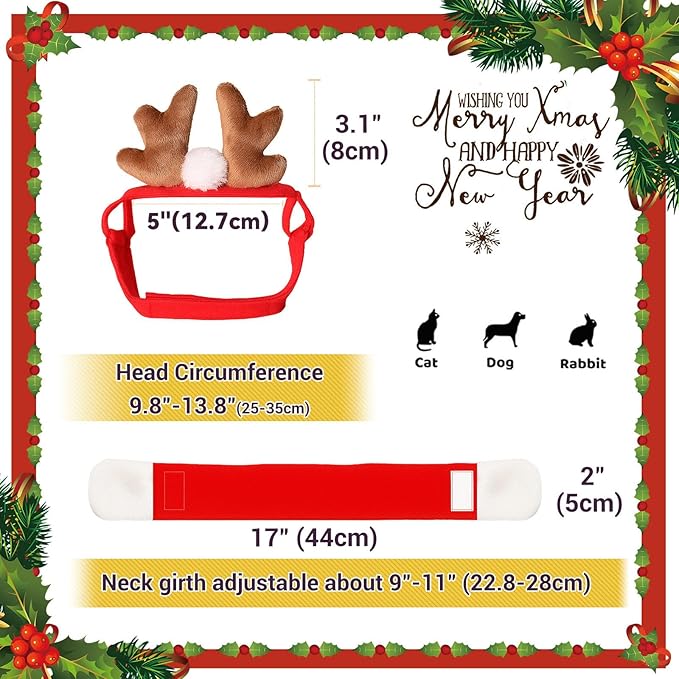 NAMSAN Christmas Cat Reindeer Costume, Xmas Deer Antler Headband with Red Scarf for Small Dogs Cats, Santa Claus Reindeer and Scarves Outfit