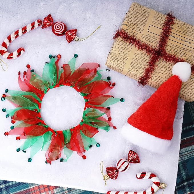 Christmas Cat Costume Small Santa Hat and Collar for Small Dogs & Cats Fancy Holiday Pet Costume Accessories for Christmas Party