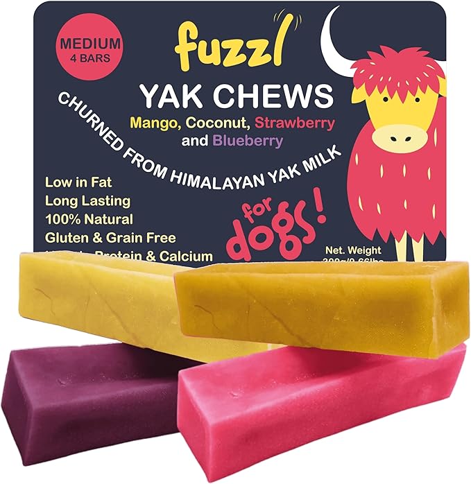 Yak Chews Mango, Coconut, Strawberry, Blueberry Medium Box 4 - Himalayan Yak Chews for Dogs - Natural Yak Cheese Himalayan Dog Chews Dog Chew
