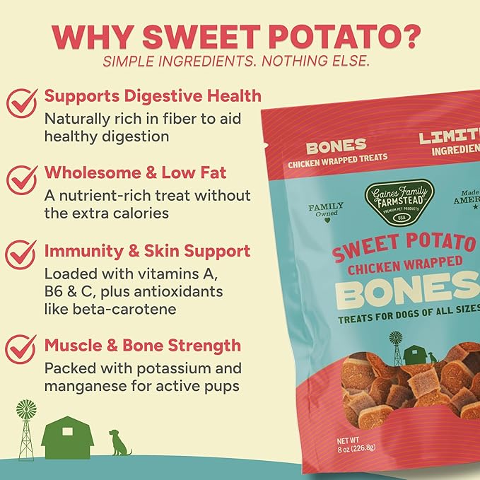 Gaines Family Farmstead Chicken Wrapped Sweet Potato Dog Bones - 8 oz Bag, Natural, Grain-Free Dog Treats for All Ages & Breeds, Great for Training and Rewards, Made in USA