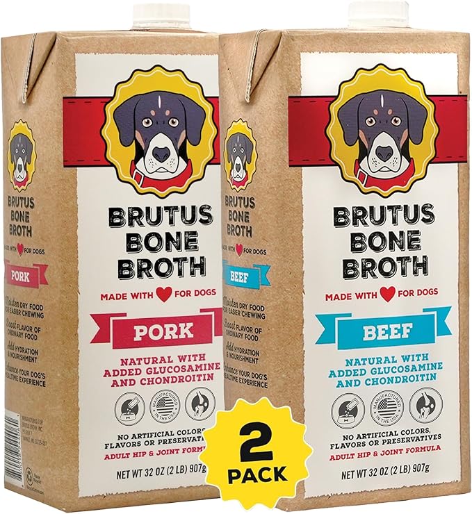 Brutus Bone Broth Liquid for Dogs | All Natural | Made in USA | Glucosamine & Chondroitin for Healthy Joints | Human Grade Ingredients | Hydrating Dog Food Topper, Gravy & Treat (Pork)