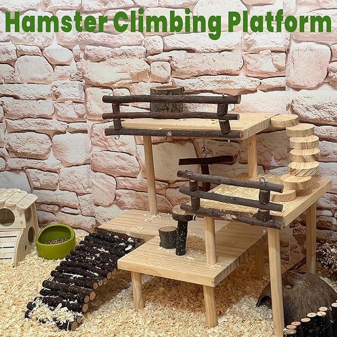 3-Tier Extra Large Wooden Hamster Playground Hamster Climbing Toys Gerbil Platform Small Animals Exercise Activity Set with Ladder for Dwarf Hamsters Mouse Gerbils Rats