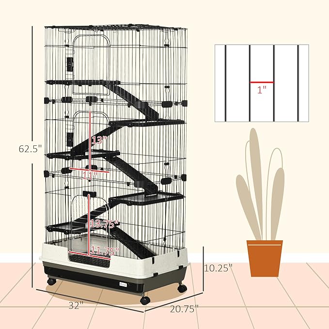 PawHut 6-Level Small Animal Cage Rabbit Hutch with Wheels, Removable Tray, Platform and Ramp for Bunny, Chinchillas, Ferret, Black