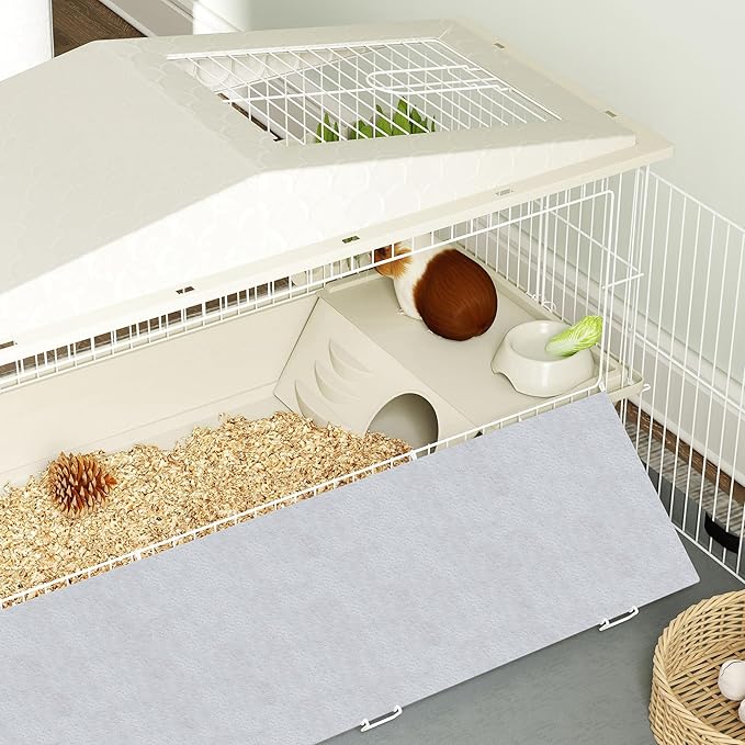 PawHut Small Animal Cage, Guinea Pig Cage with Removable Pet Playpen, Waterproof Pad, Food Dish, Water Bottle, Hay Feeder, Soft-Covered Ramp, Wheels, Hideaway, Balcony, for Hedgehog, Guinea Pig