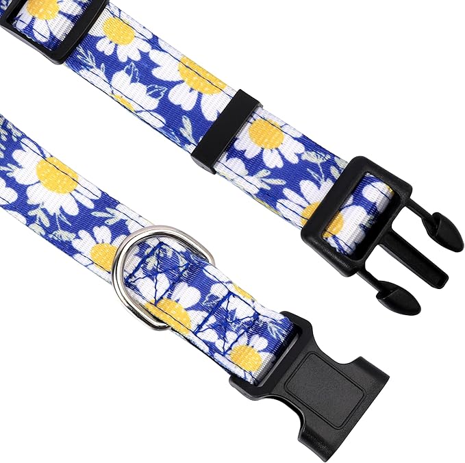 Reflective Dog Collar, Adjustable Soft Neoprene Padded Nylon Pet Collars with Buckle for Puppy and Small Dogs, Cats, Small Daisies Blue,M