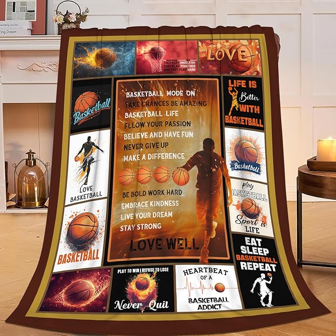 Basketball Blanket Sports Basketball Throw Blanket Gifts for Player Kids Girls Boys Adults Women Man Super Soft Cozy Plush Fluffy Fuzzy Fleece Blanket Decor 60''X80''