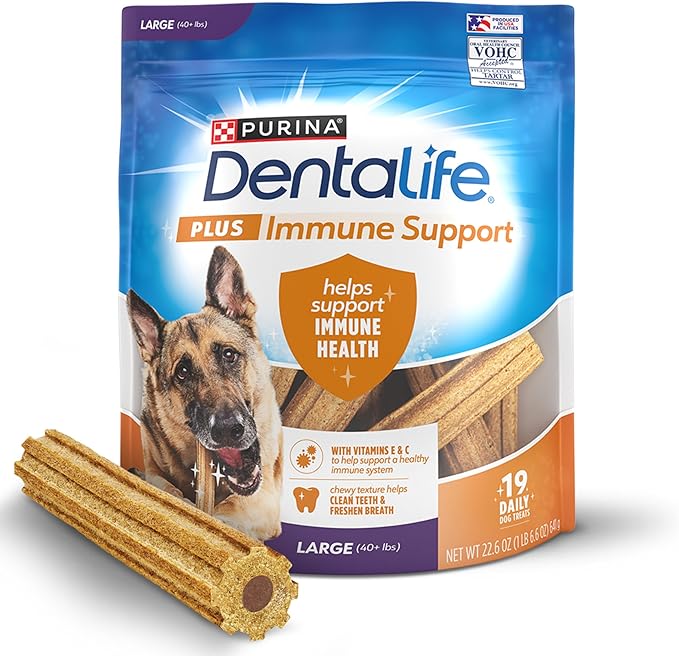 DentaLife Plus Immune Support Dog Treats for Large Dogs 40 lbs. and up, Cleans Teeth, Freshens Breath, & Supports Immune Health, Chicken, Apple, & Blueberry Flavor, 22.6 oz., 19 Chews - 19 ct. Pouch