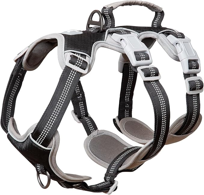 Huntboo Escape Proof Dog Harness, Escape Artist Harness, Reflective Harness with Padded Handle, Breathable, Durable, Adjustable Vest for Medium Dogs Walking, Training, and Running Gear (Black, L)