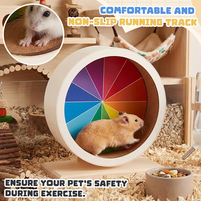 Geelin 7 Inch Hamster Wooden Silent Wheel, Rainbow Printed Small Animal Exercise Wheel, Quiet Spinner Hamster Running Wheels Prevent Depression Toys for Hamsters, Gerbils, Mice and Other Small Pets