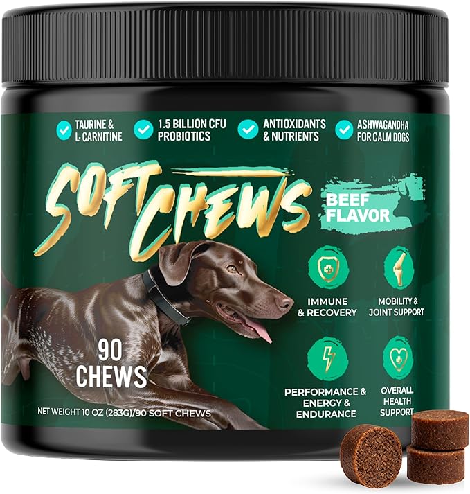 High-Performance & Longevity Soft Chews for Hunting, Sport and Working Dogs with Glucosamine, Chondroitin, Omega-3, Antioxidants, Ashwagandha, Probiotics, Beef Flavor, 90 Count