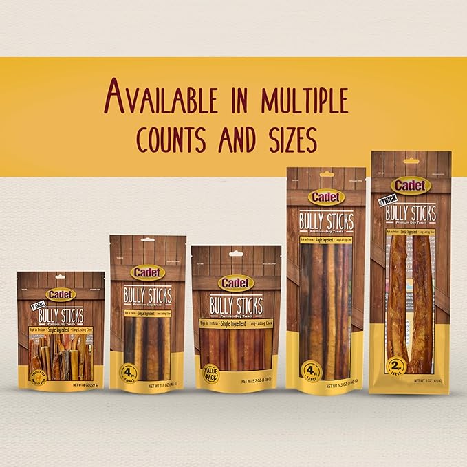Cadet Bully Sticks for Large Dogs, All-Natural Beef Pizzle, Rawhide-Free Long-Lasting Dog Chews for Aggressive Chewers, 10 Count