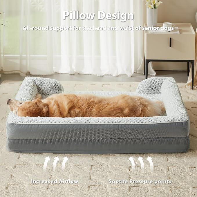 LEXTRO Orthopedic Dog Beds for Large Dogs,42x30 Inch Extra Large Dog Bed, Egg Crate Foam Bed for Large Dogs, Big Pet Bed with Washable Removable Waterproof Pillow Cover and Anti-Slip Bottom, Grey