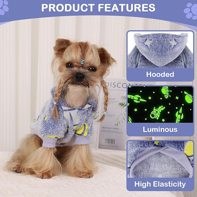 Dog Sweater for Small Dogs Girl Boy, Fleece Dog Hoodie Clothes, Night Glow Puppy Sweater, Soft Warm Extra Small Doggie Sweatshirt, Fall Winter Doggy Clothes Pet Outfits for Chihuahua Yorkie, Blue,XS