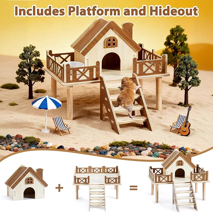 Wooden Hamster Platform and Dwarf Hamster House, Hamster Cage Platform With Climbing Ladder, Cute Syrian Hamster Hideout, Hamster Cage Accessories Platform for Putting Food Bowl, Hamster Gerbil Castle