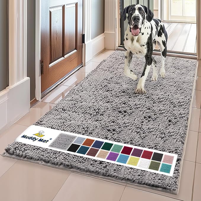 Muddy Mat® | Super Absorbent Door Mat Indoor, Microfiber Quick Dry Chenille Entryway Rug, Non-Slip Front Door Mat, Indoor Mats for Entryway, Machine Washable Pet Rug, Grey 24"x120"