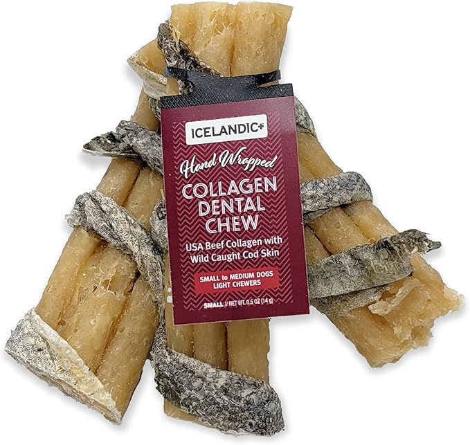 Icelandic+ Collagen Dental Chew: Beef & Cod Skin - 4" Dog Treat Stick, Hand-Wrapped Fish, 2 Ingredient Pet Snacks, Dental Health, Rawhide Alternative