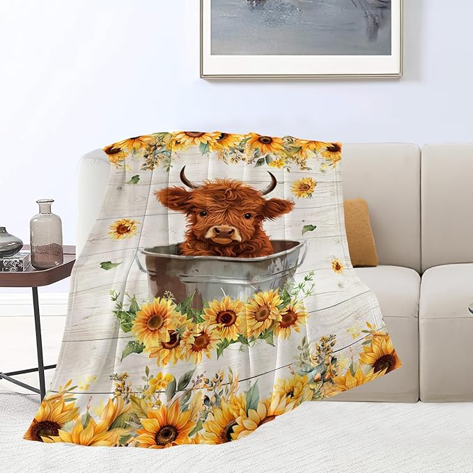 banonaty Highland Cow Sunflower Blanket Cow Throw Blankets Cozy Fleece Flannel Blanket Bedding Highnald Cow Gifts for Men Women Boys Girls Kids Teens for Couch Sofa Bed Decor 50"X60"