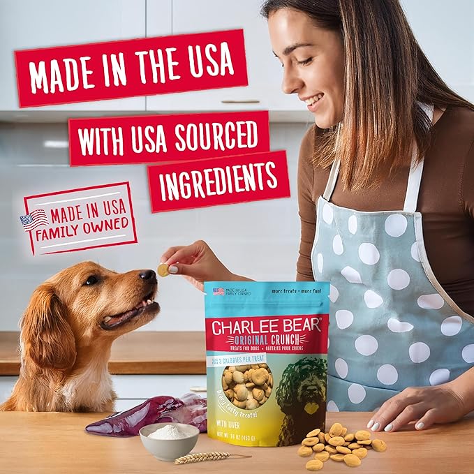 Charlee Bear Original Crunch Dog Training Treats, Liver Flavor, 3 Calories Each, Low Calorie Natural Rewards for Puppies to Adult Dogs, Made in USA, 16 oz (2-Pack)