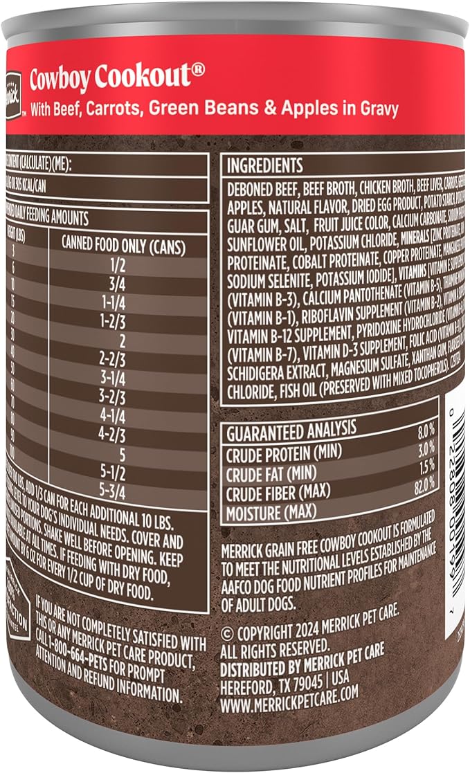 Merrick Grain Free Wet Dog Food, Cowboy Cookout Recipe With Real Deboned Beef, Canned Adult Dog Food, 12.7 oz. Can