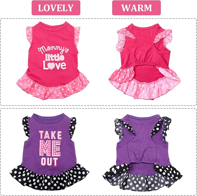 2 Pieces Dog Dresses for Dogs Cute Girl Female pet Dress Mommy Puppy Shirt Skirt Dresses Pet Summer Clothes Apparel for Cats(Love and Me,X-Small)