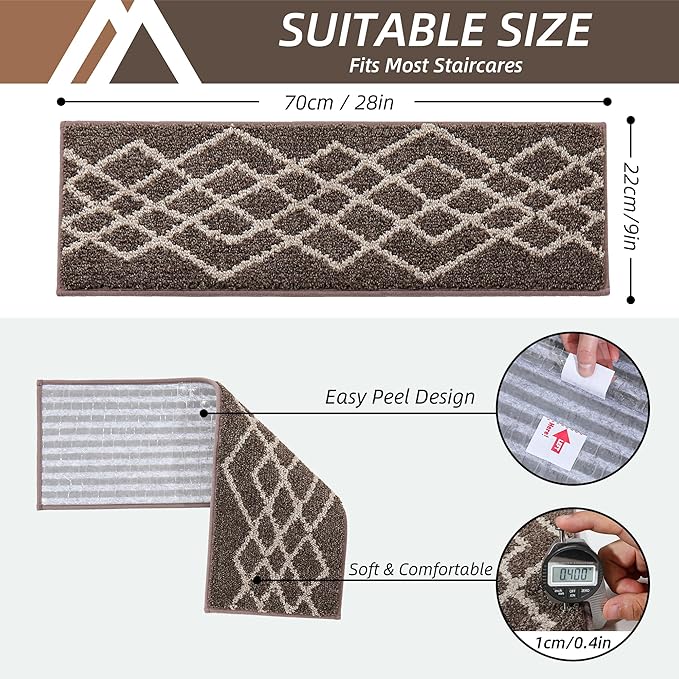 COSY HOMEER Soft Stair Treads Non-Slip Carpet Mat 28inX9in Indoor Stair Runners for Wooden Steps,Stair Rugs for Kids and Dogs, 100% Polyester TPE Backing 10pcs,Brown,Rhombus