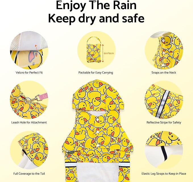 Fitwarm Funny Duck Dog Raincoat with Hood, Waterproof Rain Jacket for Small Dogs Boy Girl, Reflective Pet Poncho, Packable, Adjustable, Yellow, XXL